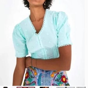 Farm Rio Harmonia Blue Crop Top with Puff Sleeve and Flower Patch Embroidery